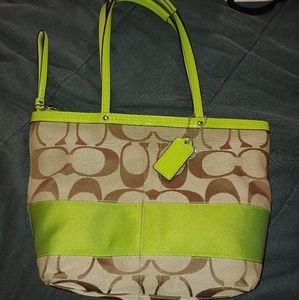 Coach Signature Stripe Brown Canvas Tote in Green leather trim